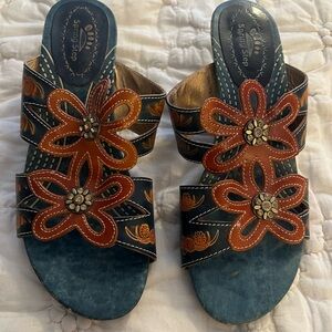 Spring Step Floral Blue and Brown Sandals